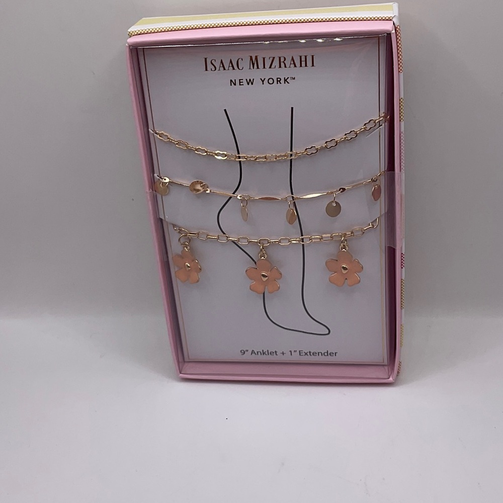 Isaac Mizrahi Gold Floral Charm Anklet Trio NWT